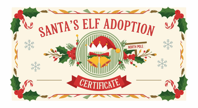 A festive certificate for Santa's Elf Adoption, featuring a jester hat, bells, and holiday adornments