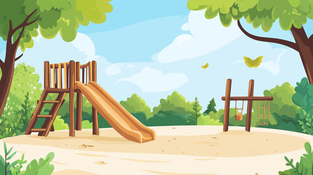 A cartoon illustration of a playground with a slide, swing set, trees, sand, and butterflies