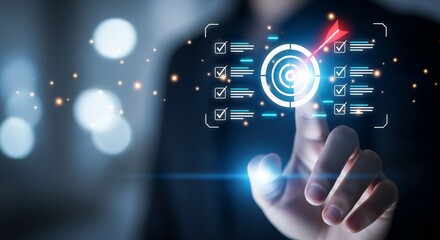 Fototapeta premium Hand touching futuristic target with arrow, business strategy and goal achievement concept