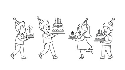 Obraz premium Happy children wearing party hats and carrying birthday cakes with candles for a joyful holiday celebration scene.