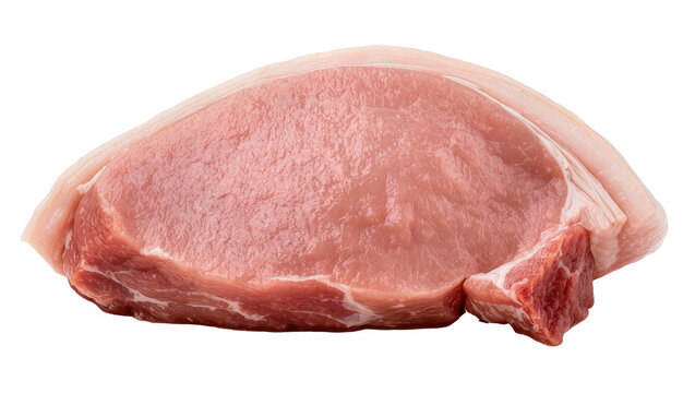 Isolated raw fresh pork loin chop steak with fat, uncooked gourmet meat food ingredient