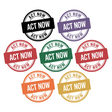 A collection of colorful act now stamps on a white background