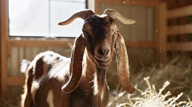 Portrait of a brown and white Nubian goat with long ears and curved horns standing inside a sunlit barn filled with straw
