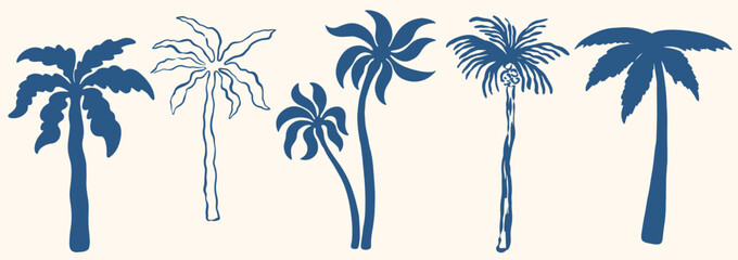 Hand drawn doodle palm tree set. Summer coastal minimal tropical motif for greeting cards, posters, poster and placard design prints. Vector ink concept vacation ocean, beach and travel. © PawLoveArt