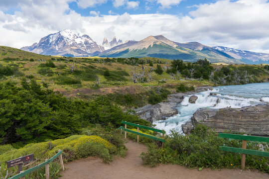 View of the mountain landscape in the national park Torres del Paine, Patagonia, Chile, South America. The river Paine.