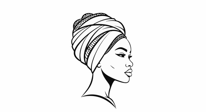 Stylized black and white profile of a woman wearing a headscarf