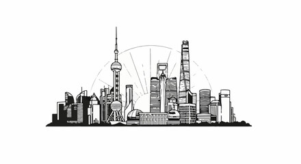 Obraz premium Stylized black and white sketch of a modern city skyline with iconic buildings