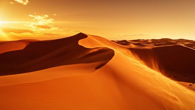 Wide shot of a vast desert with rolling sand dunes at sunset. Golden hour light illuminates orange sand ripples and blowing wind carries dust over the crest of the tall dunes.