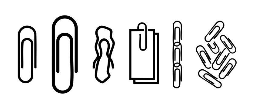 Paper clip icon set, office stationery design elements for document organization and data connection, minimalist vector illustrations of metal clips attached to paper sheets and linked in a chain sequ