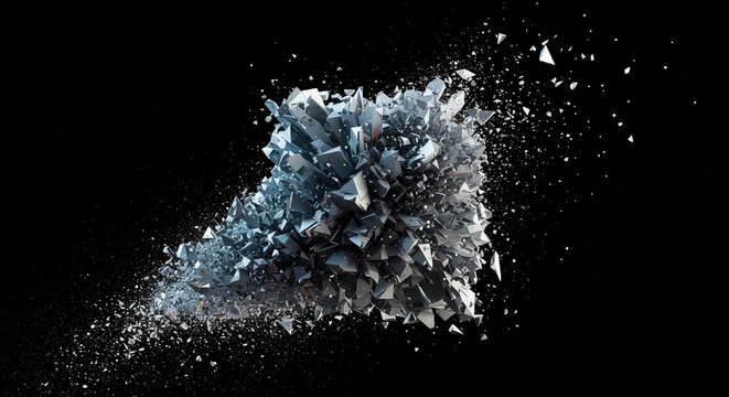 Complex digital geometry disintegrates into chaotic, random particles, visualizing concepts of abstract breakdown and fundamental disorder, diffusion, geometric, digital