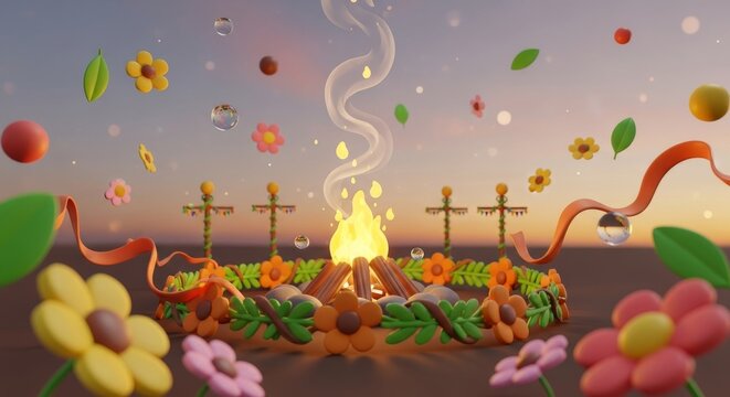 Festive Beltane celebration with bonfire, flowers, and maypoles