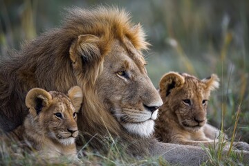 Fototapeta premium Portrait of a lion playing with its cubs