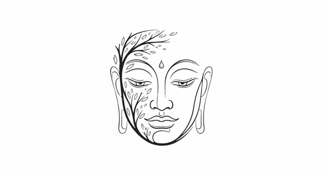 Stylized Buddha face with tree branches growing on the left side