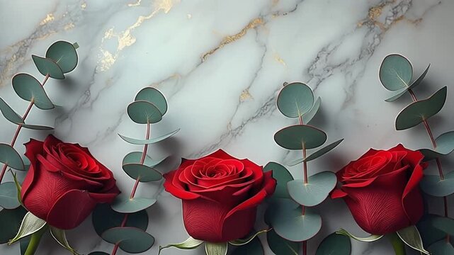 Elegant Red Roses and Eucalyptus Branches on a Luxurious Marble Background, Romantic Floral Arrangement