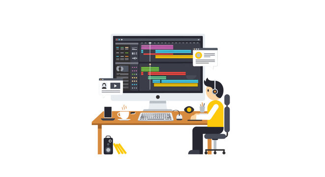 A focused digital content creator sits at a wooden desk in a clean white environment while editing vibrant video clips on a large desktop monitor.