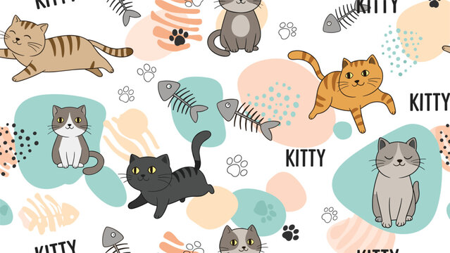 Playful seamless pattern with cute cats, fish bones, and paw prints on a background of soft pastel shapes and kitty text.