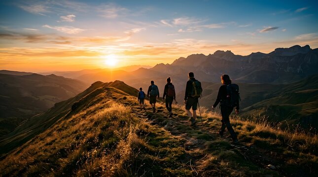 Majestic mountain range at sunset with hikers silhouetted against the golden sky