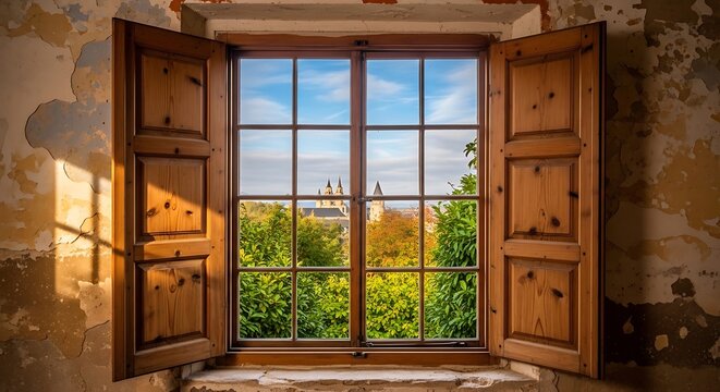 Wooden window with open shutters looking out at a castle and trees
