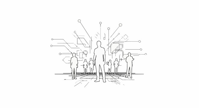 Stylized group of people against a futuristic technological background