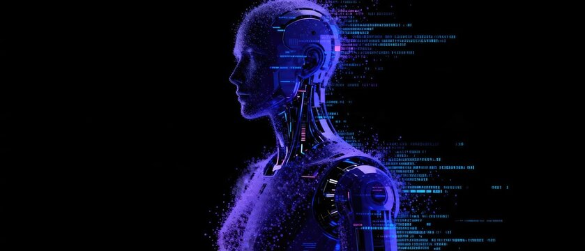 Futuristic humanoid AI robot with glowing data particles and digital code dissolving into cyber space on dark background, idea for artificial intelligence, machine learning and advanced technology
