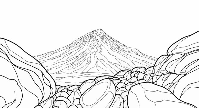Stylized mountain peak framed by foreground boulders and rock strewn terrain