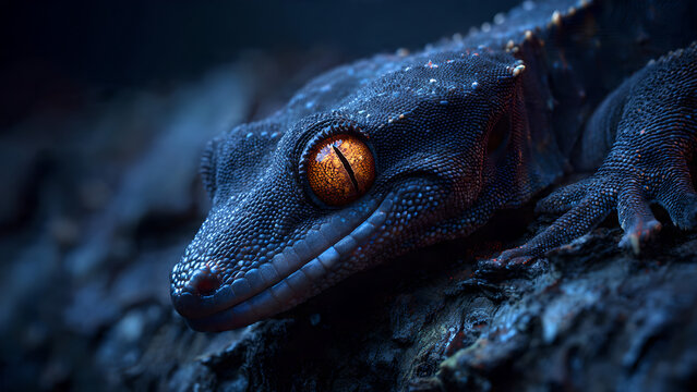 Close-up of a dark textured lizard with glowing orange eyes on a rock.