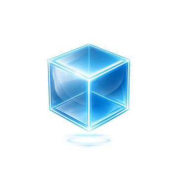 Glowing blue transparent cube with light effect on transparent background
