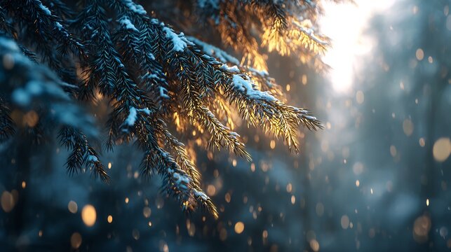 Radiant winter foliage with snow-covered needles, bathed in a warm, ethereal glow, and delicate bokeh, evoking a sense of calm and wonder, ideal for winter themes.