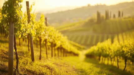 Naklejka premium A serene vineyard with rows of grape vines in the sunlight
