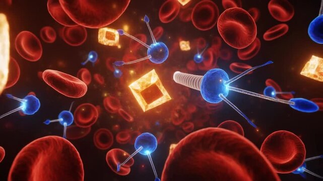A dynamic microscopic view of red blood cells floating in a dark fluid medium surrounded by glowing blue immune cells and golden cube-shaped particles that appear to interact.