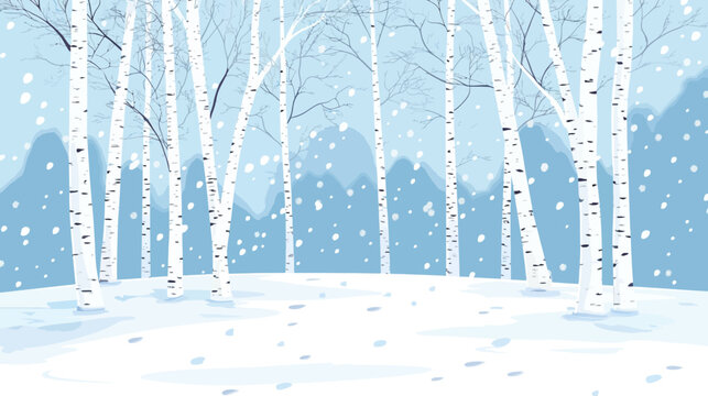 Snowy forest scene depicting white birch trees with bare branches and a serene, blue winter background