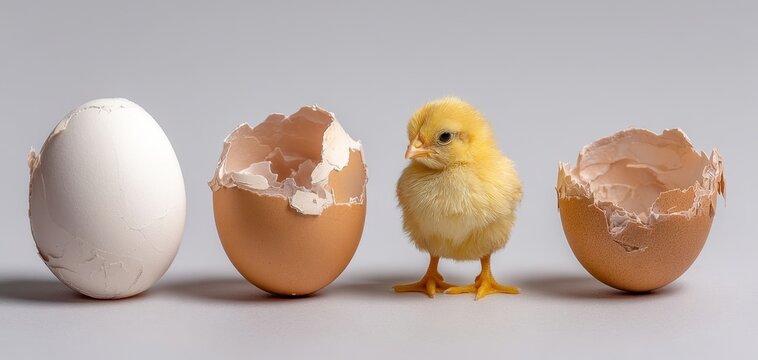 The yellow chick standing between a whole egg and cracked eggshells on gray background