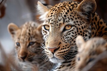 Fototapeta premium Portrait of a leopard with its cubs