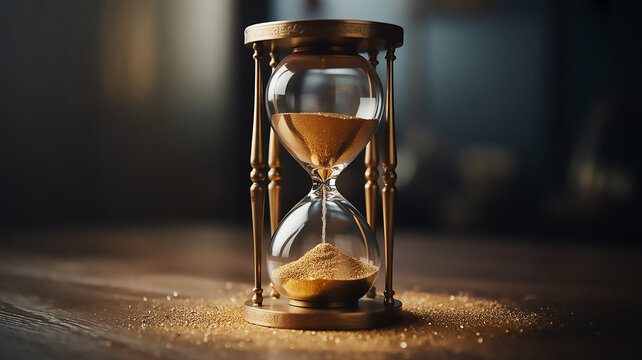 An antique sandglass stands against a black background as a retro measurement instrument capturing the concept of passing time and an approaching business deadline