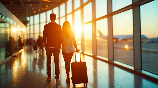 Man and woman with suitcases in airport terminal golden hour