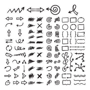 Hand drawn doodle arrows spirals and scribbles set for creative design