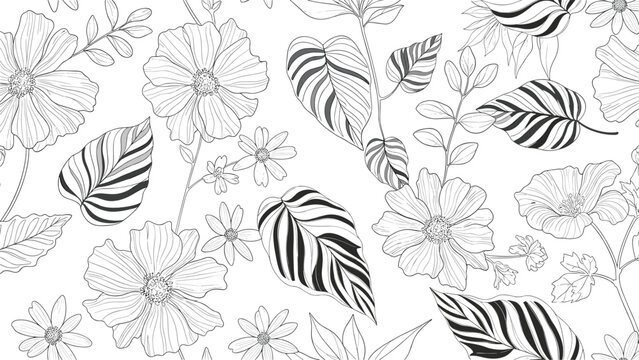 Beautiful black and white seamless pattern with various flowers and large striped leaves in a detailed line art style.
