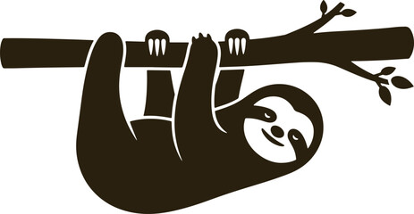 Brown silhouette of sloth hanging upside down on tree branch isolated on transparent background vector. © Sadhin