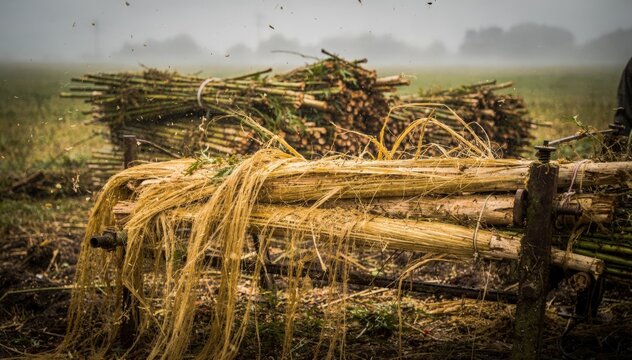 Medium shot of fieldretted hemp bast fiber decortication highlighting natural fiber separation influenced by outdoor humidity with mechanical tools gently processing the plant