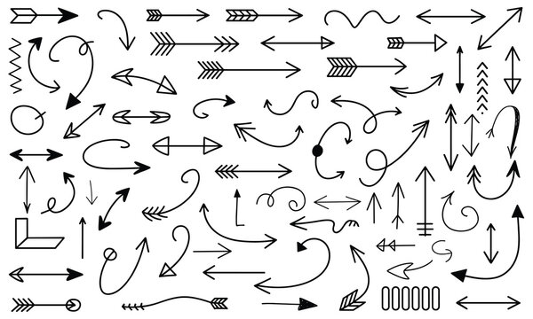 hand drawn black and white arrows and scribbles set for flowcharts and directional guides