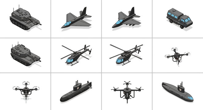 Isometric Military Vehicle Icon Set Modern Army War Transportation Collection