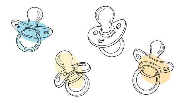 Set of cute baby pacifiers in different positions with blue and yellow accents in a simple line art illustration style.