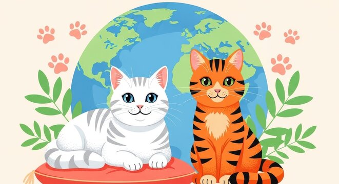 Two cute cats sitting in front of a world map illustration with paw prints and leaves