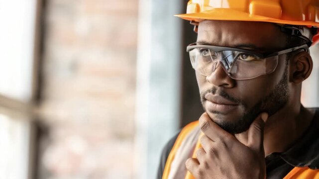 Worker thinks deeply about a project in a construction site while wearing safety gear and standing indoors in the afternoon light