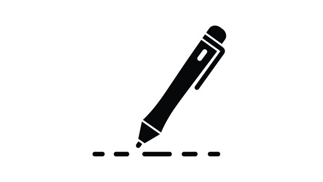 Simple black and white icon of a ballpoint pen drawing a dashed line representing writing signing documents and creative work processes.