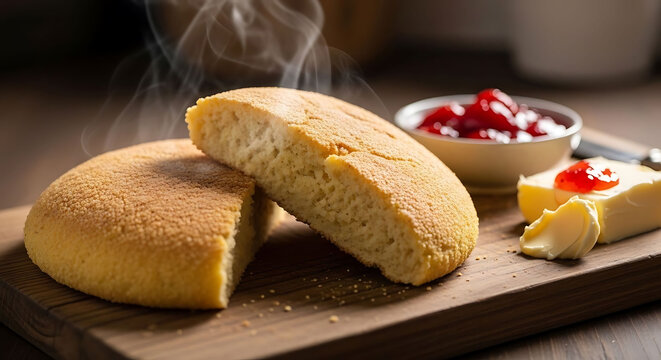 Freshly baked cornbread with rising steam, golden corn bread loaf on wooden board, rustic breakfast with butter and strawberry jam