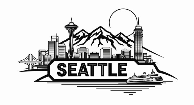 Stylized black and white city skyline with mountains, a Ferris wheel, and a ferry