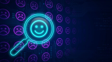 Obraz premium Glowing Happy Face Icon Under Magnifying Glass on Dark