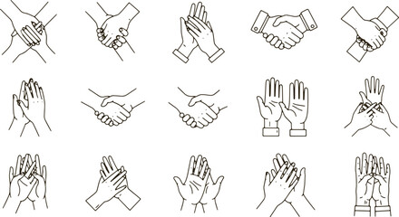 Hands gestures and greetings line art vector icons set abstract background. © Sadhin