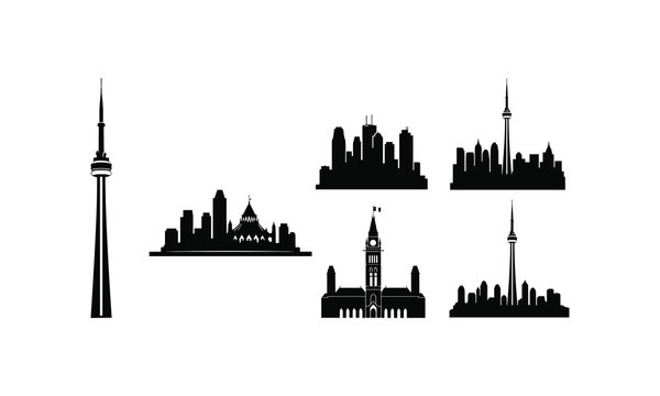 Toronto skyline and parliament hill buildings vector silhouette city landmark illustration.